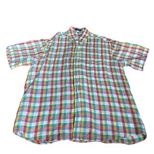 Alan Flusser Shirt L Mens 100% Linen Plaid Short Sleeve Casual Button Up Summer
